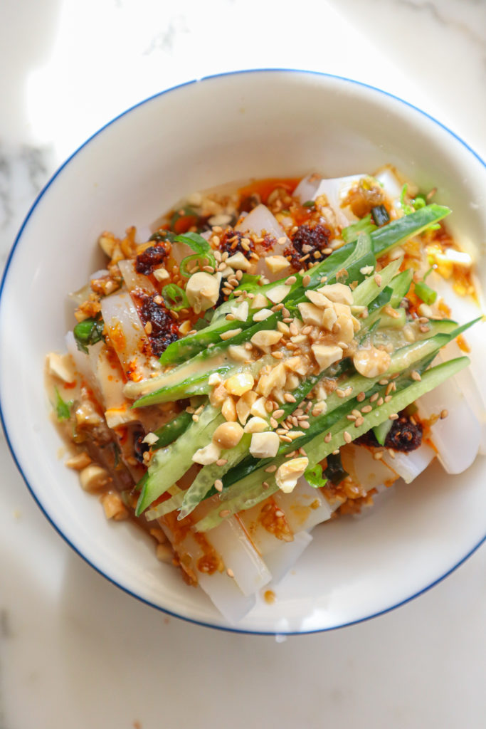 mung bean jelly noodles with cucumber and peanuts