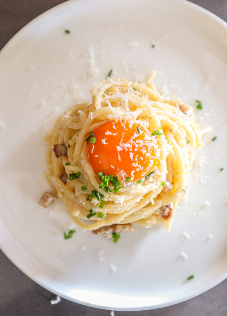 cheese carbonara pasta with egg yolk and miso paste