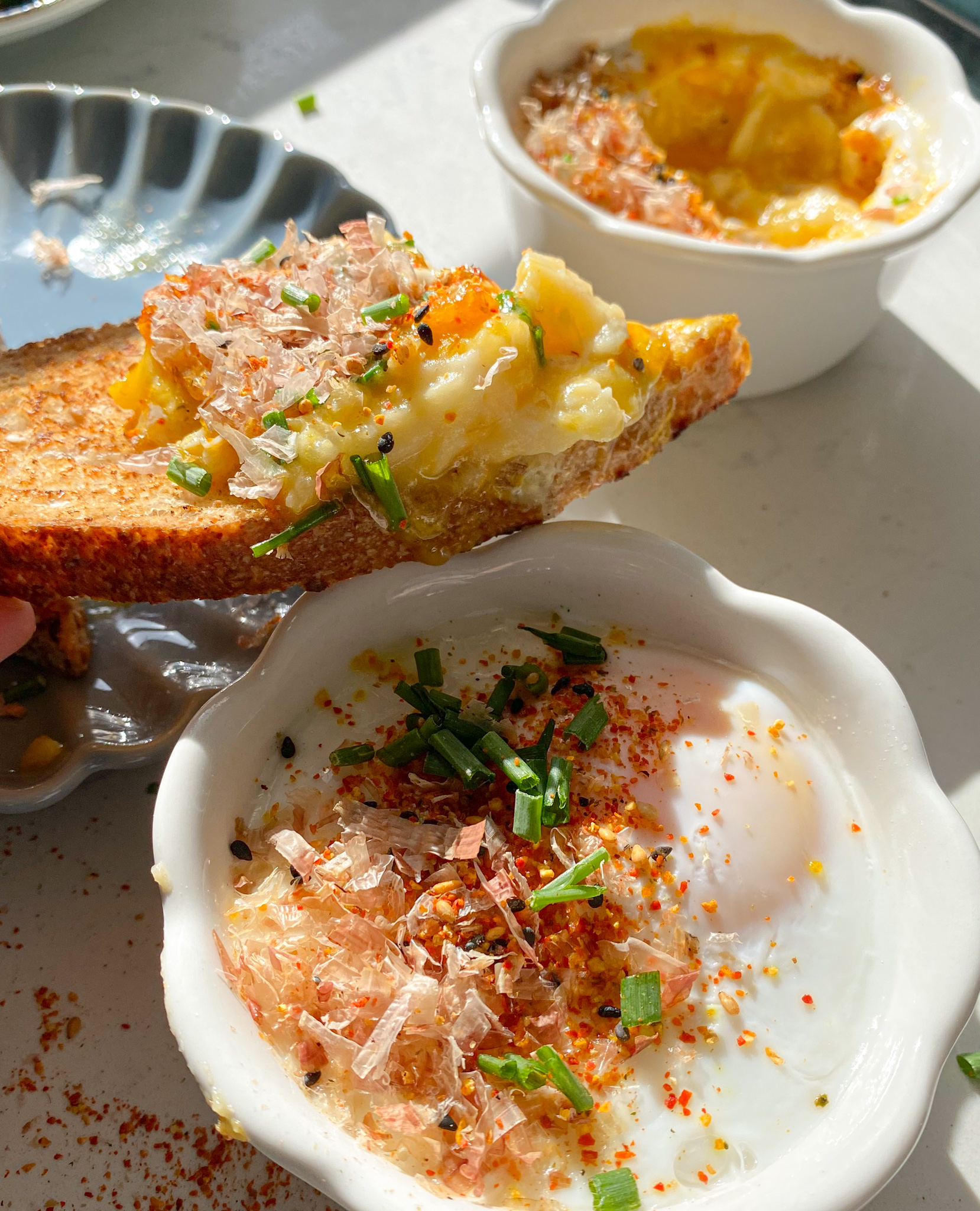 Jammy eggs with creamy potatoes.