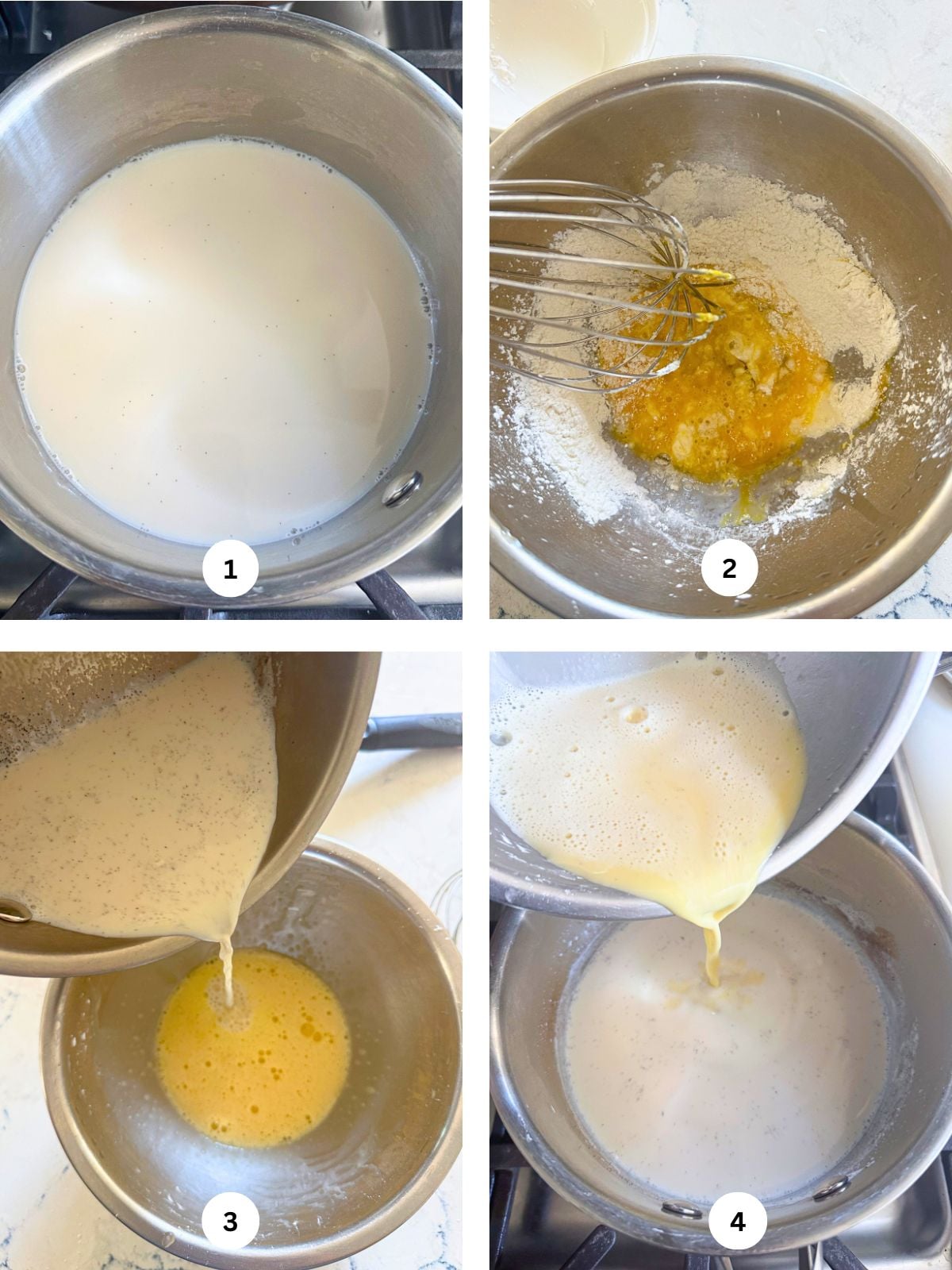 First photo: A bowl of milk. Second photo: Whisking cornstarch, sugar, salt, and eggs together in a bowl. Third photo: Pouring milk into the egg mixture. Fourth photo: Pouring the egg mixture into a bowl of milk.