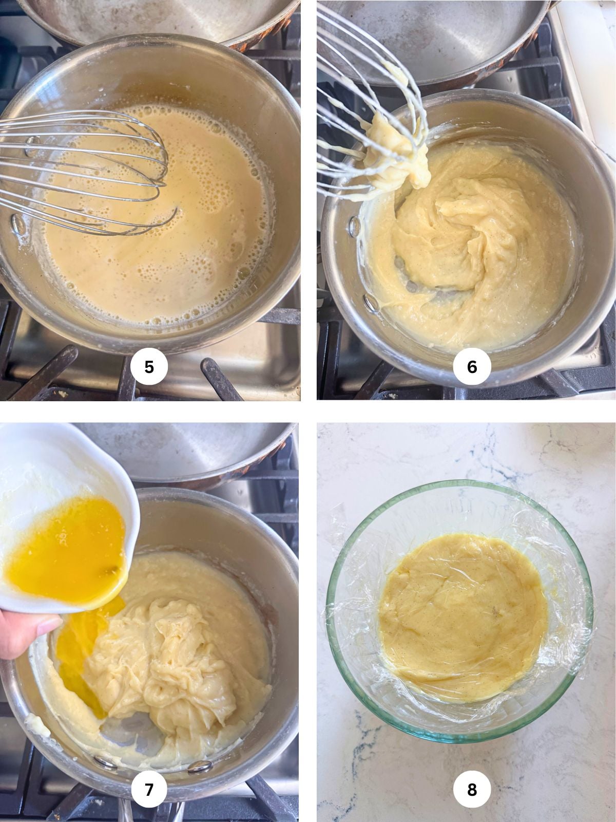 First photo: Bowl of egg and milk mixture with a whisk beside it. Second photo: Whisking the custard until thickened. Third photo: Adding melted butter to the bowl of custard. Fourth photo: Bowl of custard covered with plastic wrap.