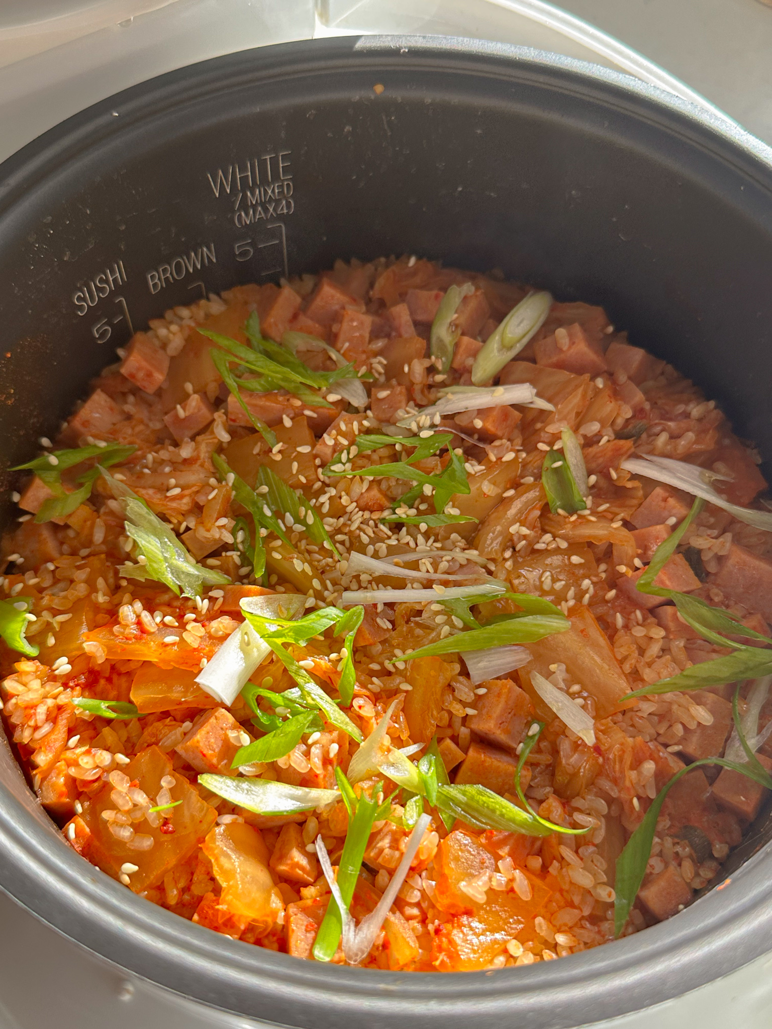 kimchi, spam, rice with green onions, sesame seeds made in the rice cooker