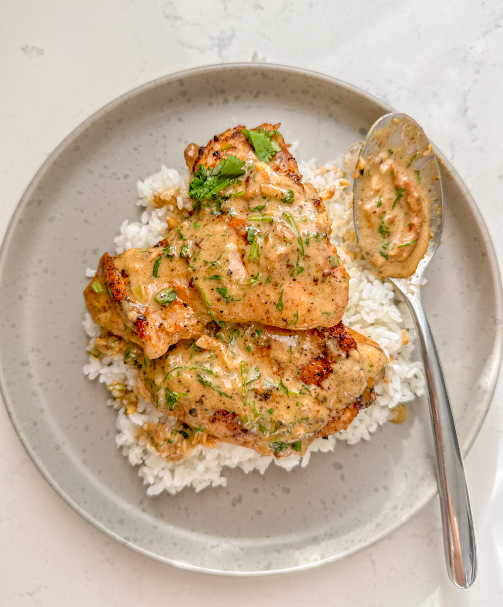 creamy chicken on top of white rice on a grey plate with a spoon