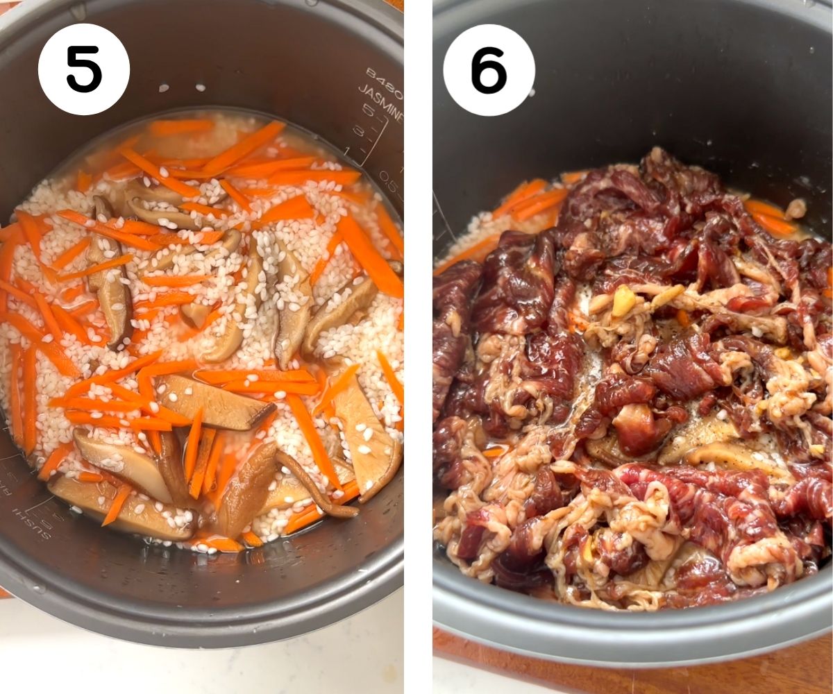 Fifth step is to add mushrooms and carrots in a bowl with rice and sizth step is adding beef on top of rice and sliced carrots.