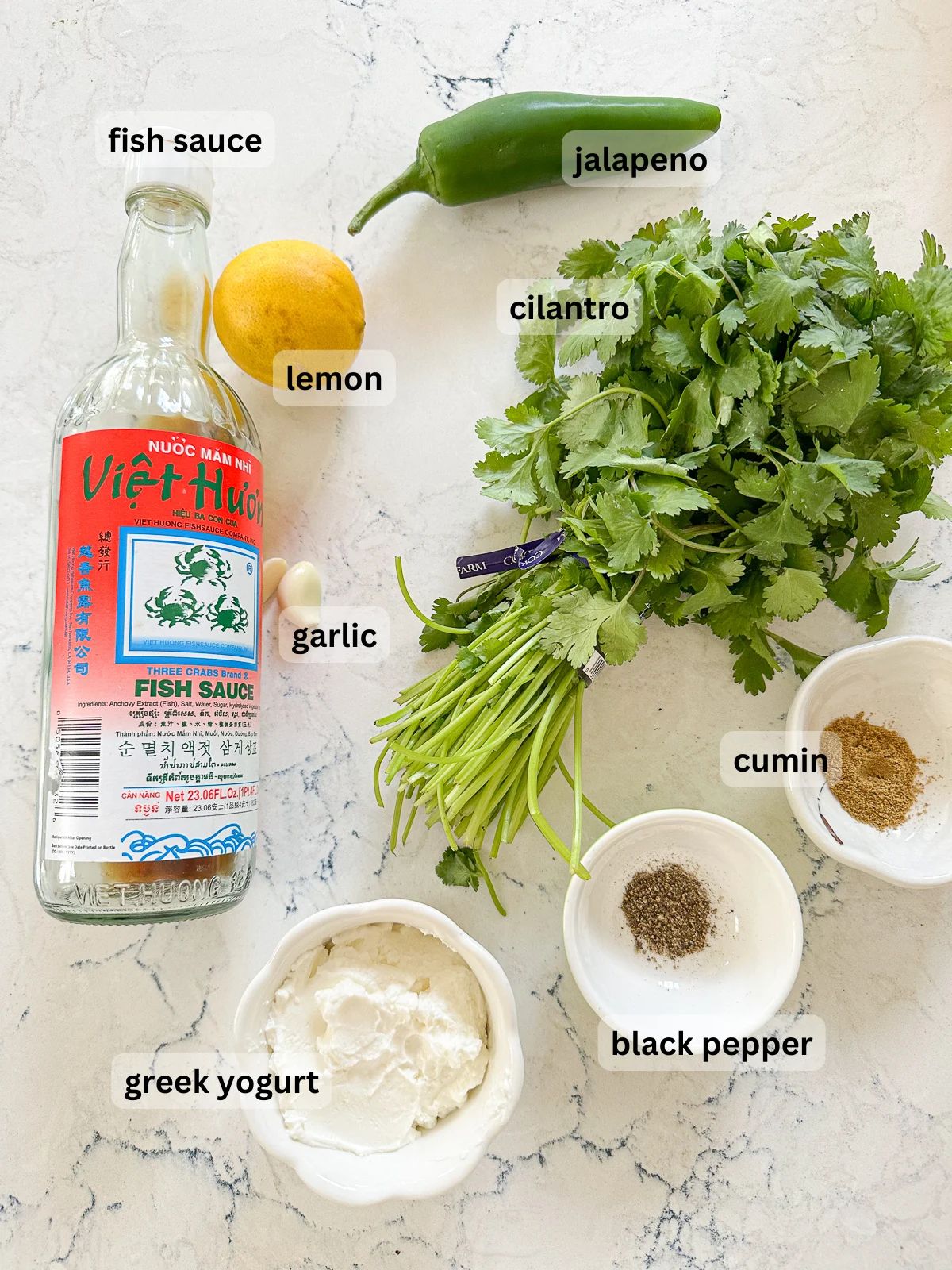 Fish sauce, lemon, jalapeno, cilantro, garlic, cumin, black pepper, and Greek yogurt laid out on a table.