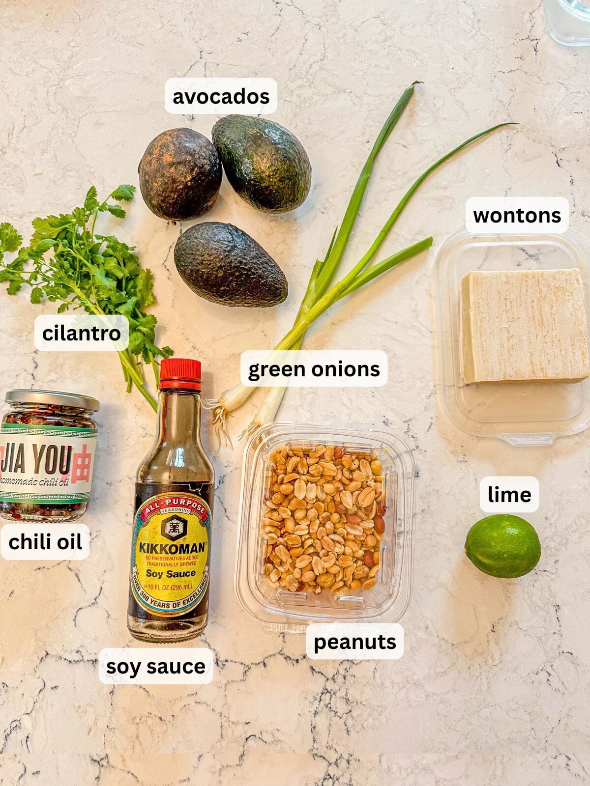 Labeled ingredients for Chili Oil Guacamole, including avocados, cilantro, green onions, wontons, lime, peanuts, soy sauce and chili oil.