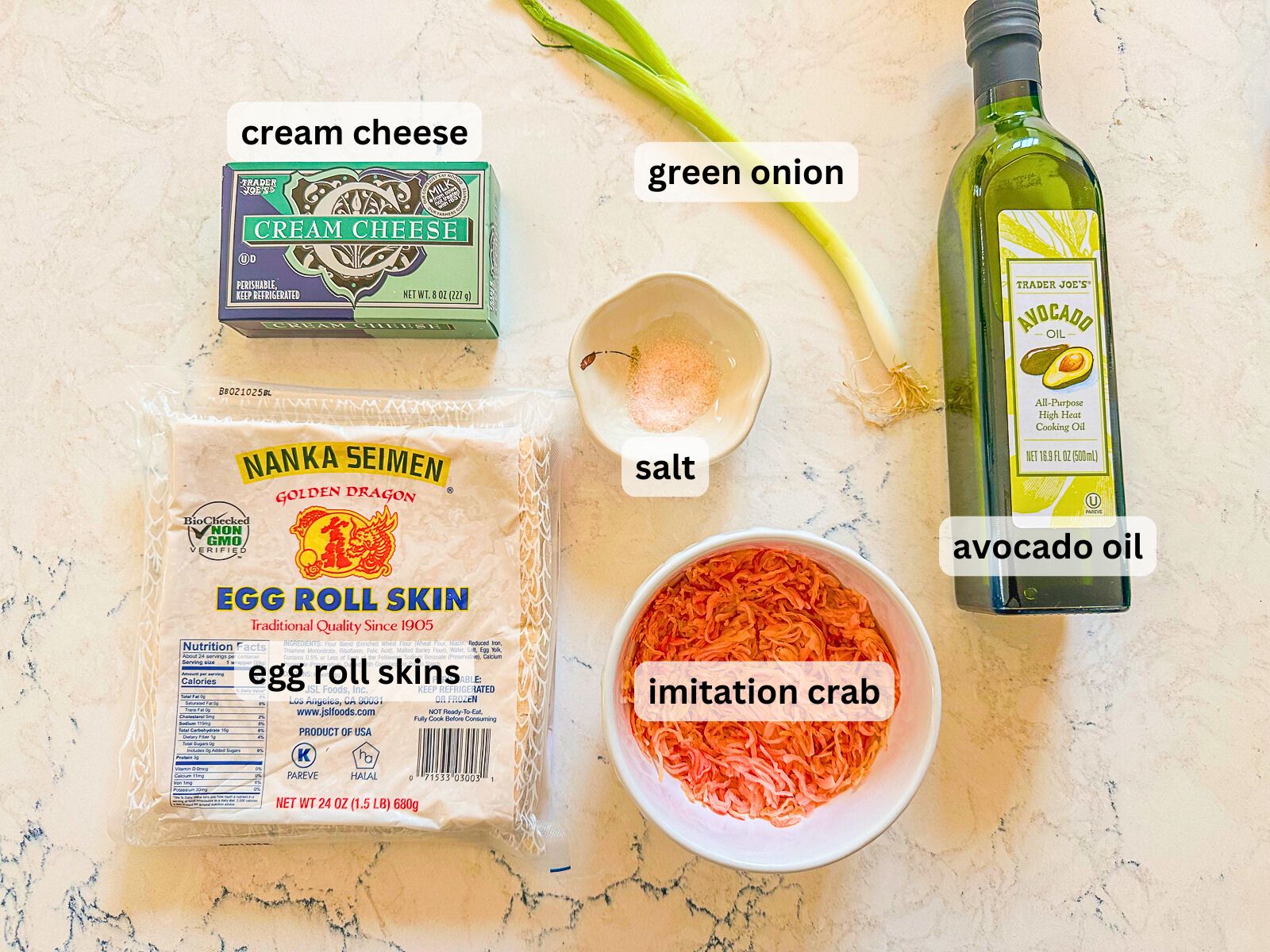 crab rangoon burrito ingredients including cream cheese, imitation crab, wonton wrapper, green onion, salt and avocado oil.