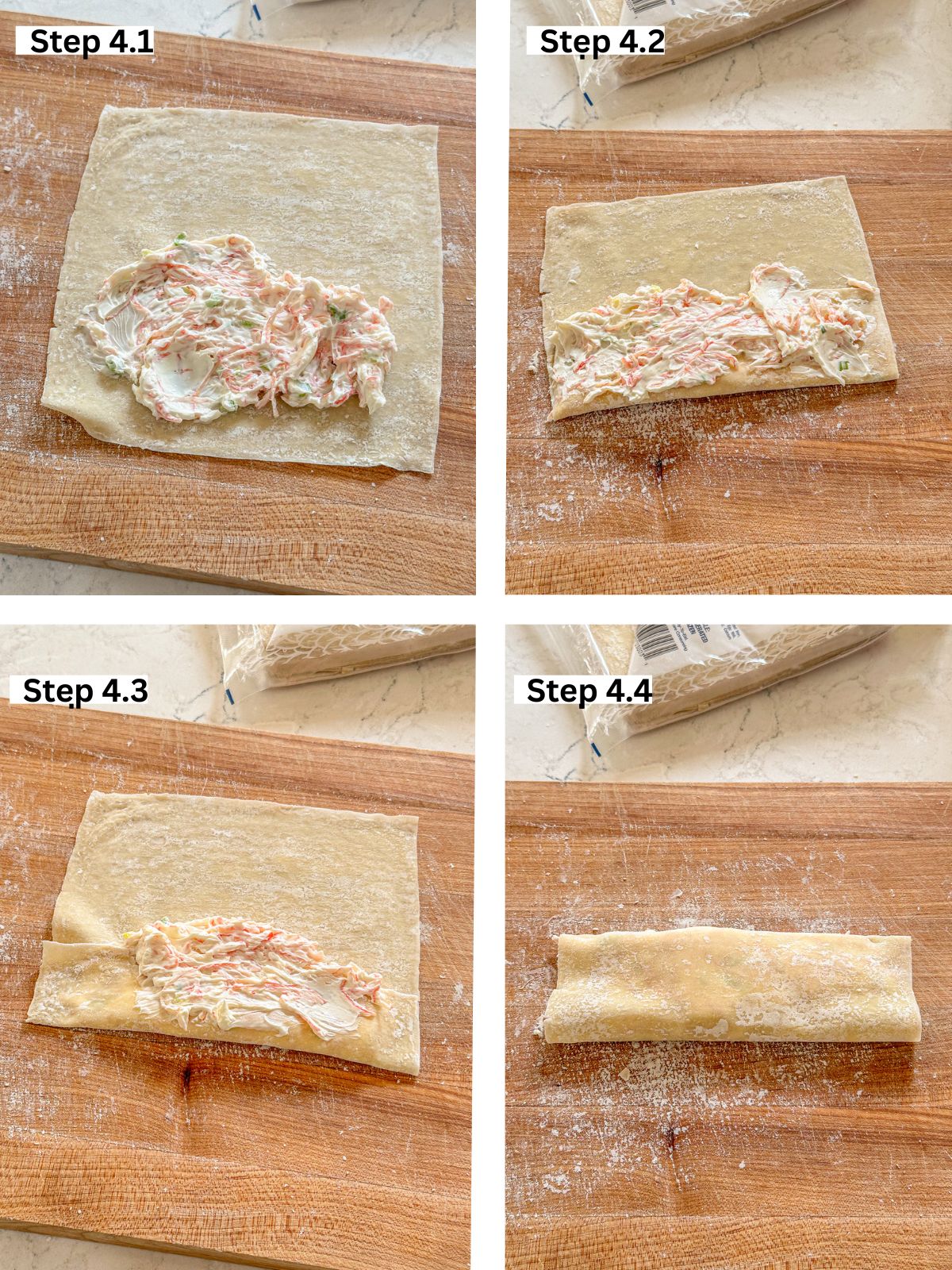 Multiple steps to show how to fold crab rangoon on four wonton skins, folded at the bottom.