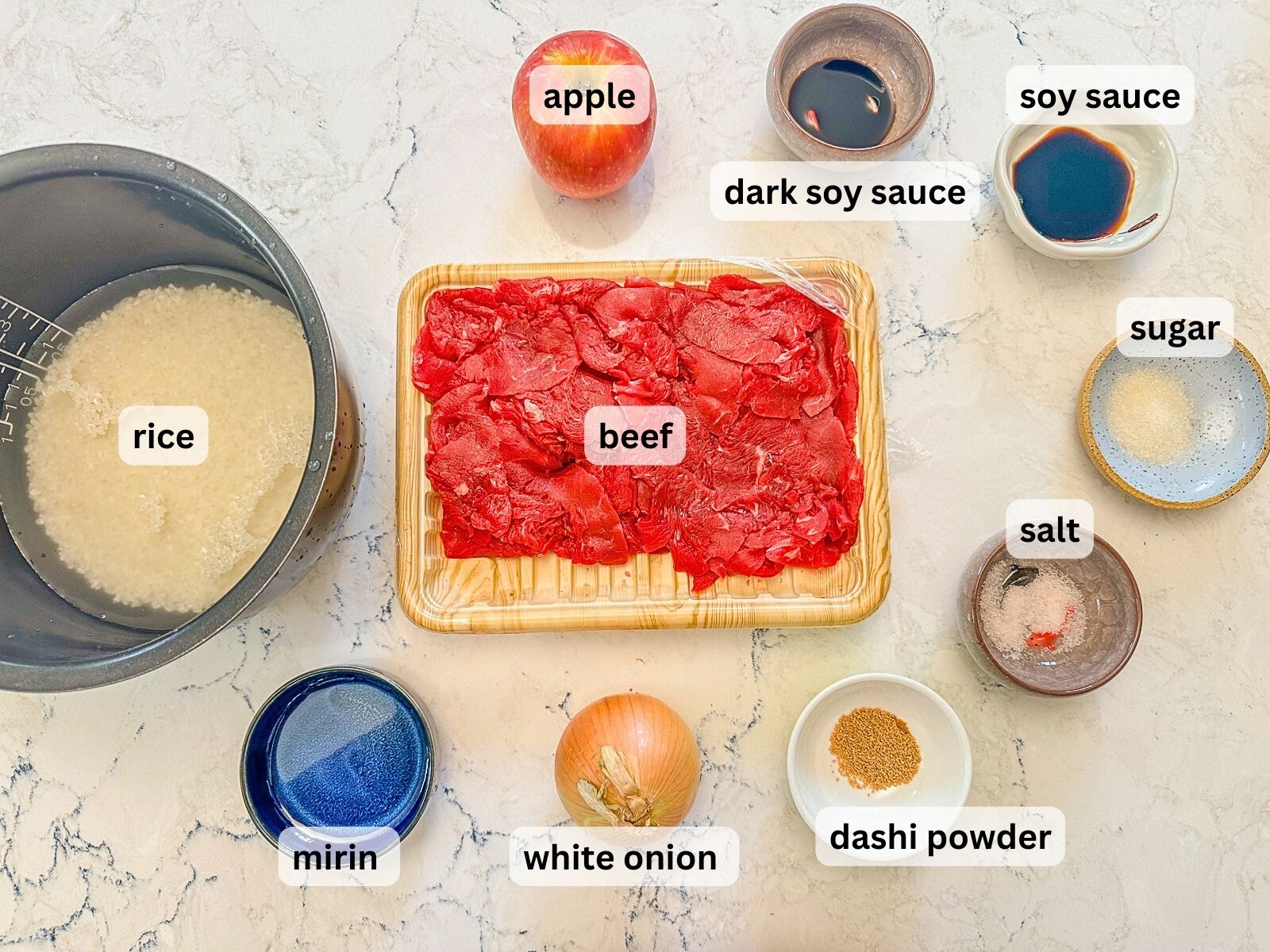 Ingredients for one pot gyudon laid out, including white rice, apple, dark soy sauce, soy sauce, sugar, salt, dashi powder, white onion, and mirin.