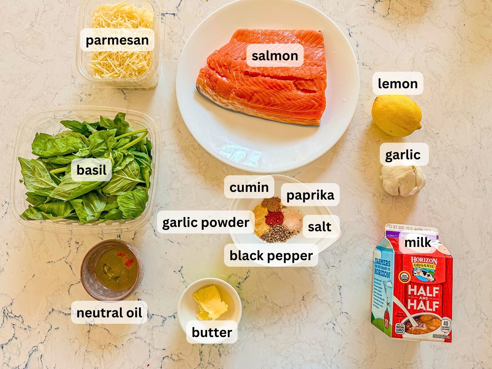 Ingredients for One Pan Creamy Garlic Salmon displayed on a surface with salmon, parmesan cheese, lemon, basil, garlic, milk, butter, oil, and seasonings like cumin, paprika, garlic powder, salt, and black pepper.