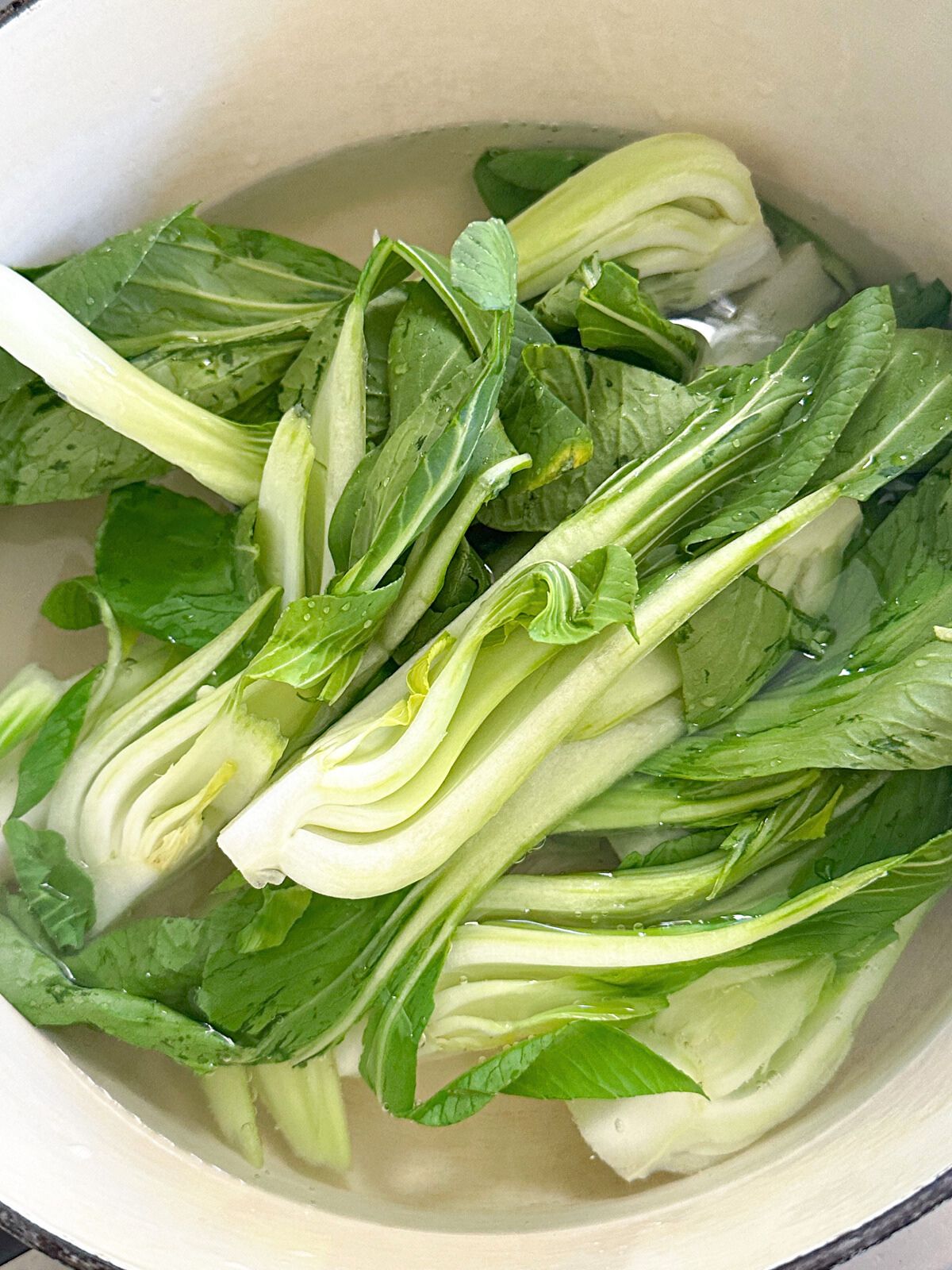 Bok choy soaking in a bowl of water.