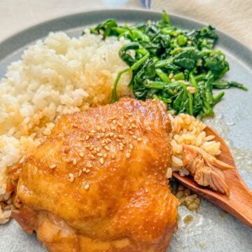 A plate of soy sauce chicken paired with steamed rice and sautéed greens on the side.