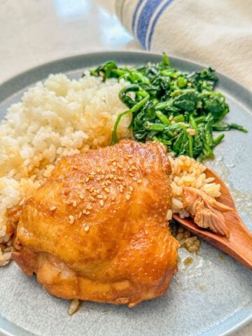 A plate of soy sauce chicken paired with steamed rice and sautéed greens on the side.
