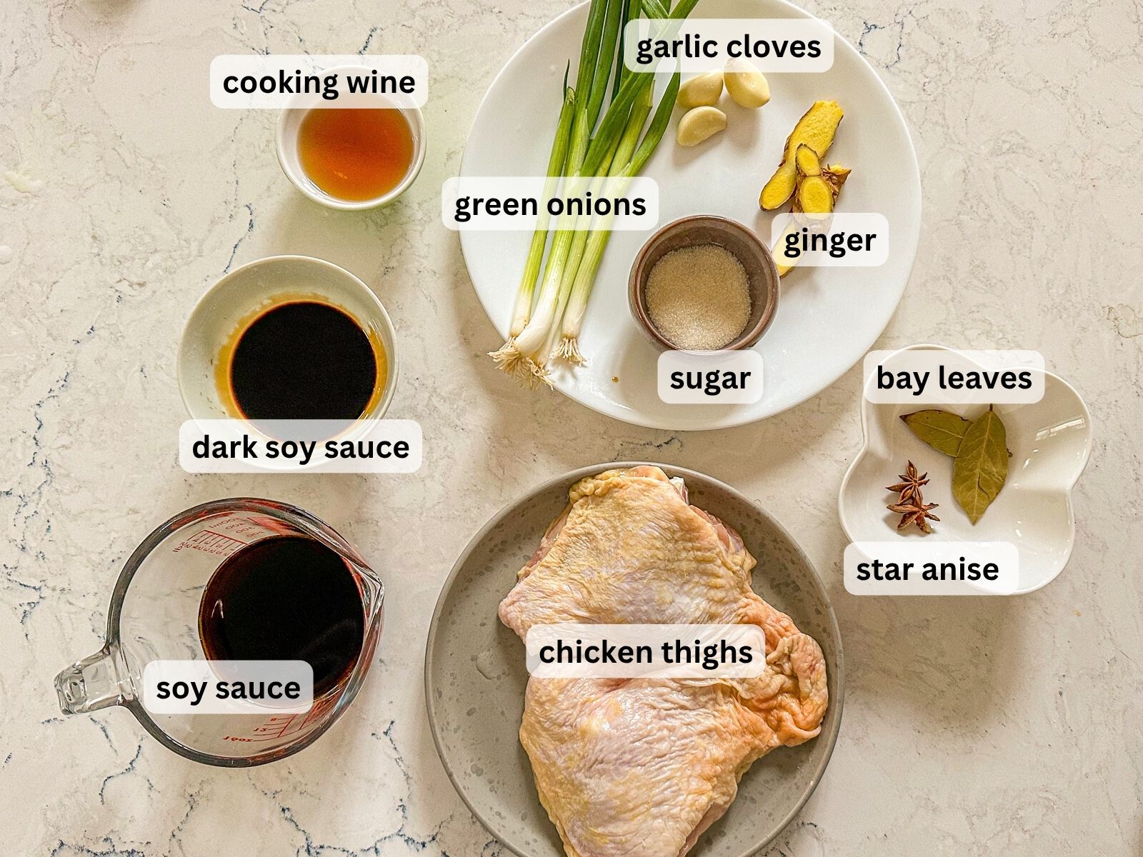 Soy sauce chicken ingredients laid out on the countertop including chicken thigh, green onions, star anise, garlic, ginger, bay leaves and condiments.