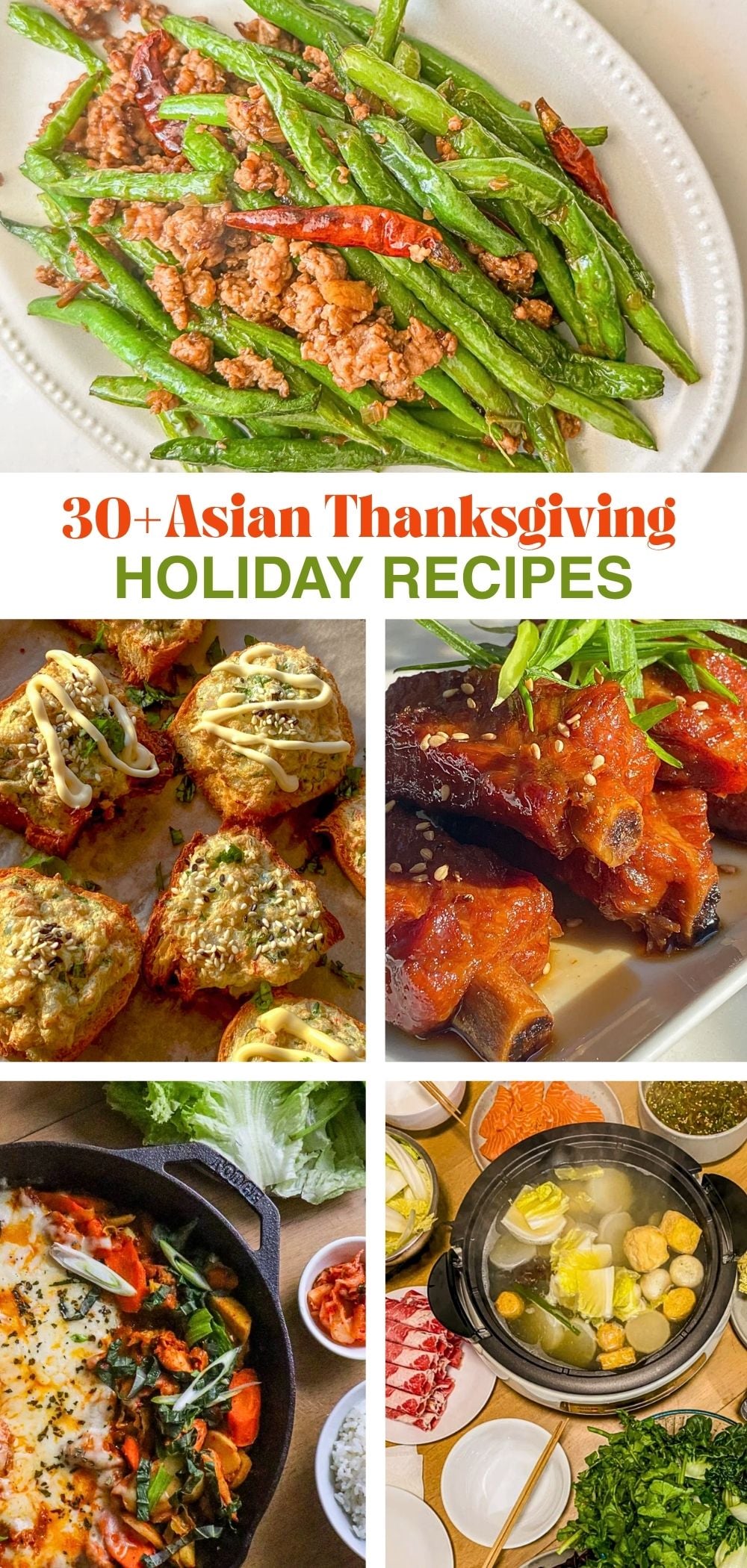 A variety of Asian Thanksgiving dishes arranged together in one photo.
