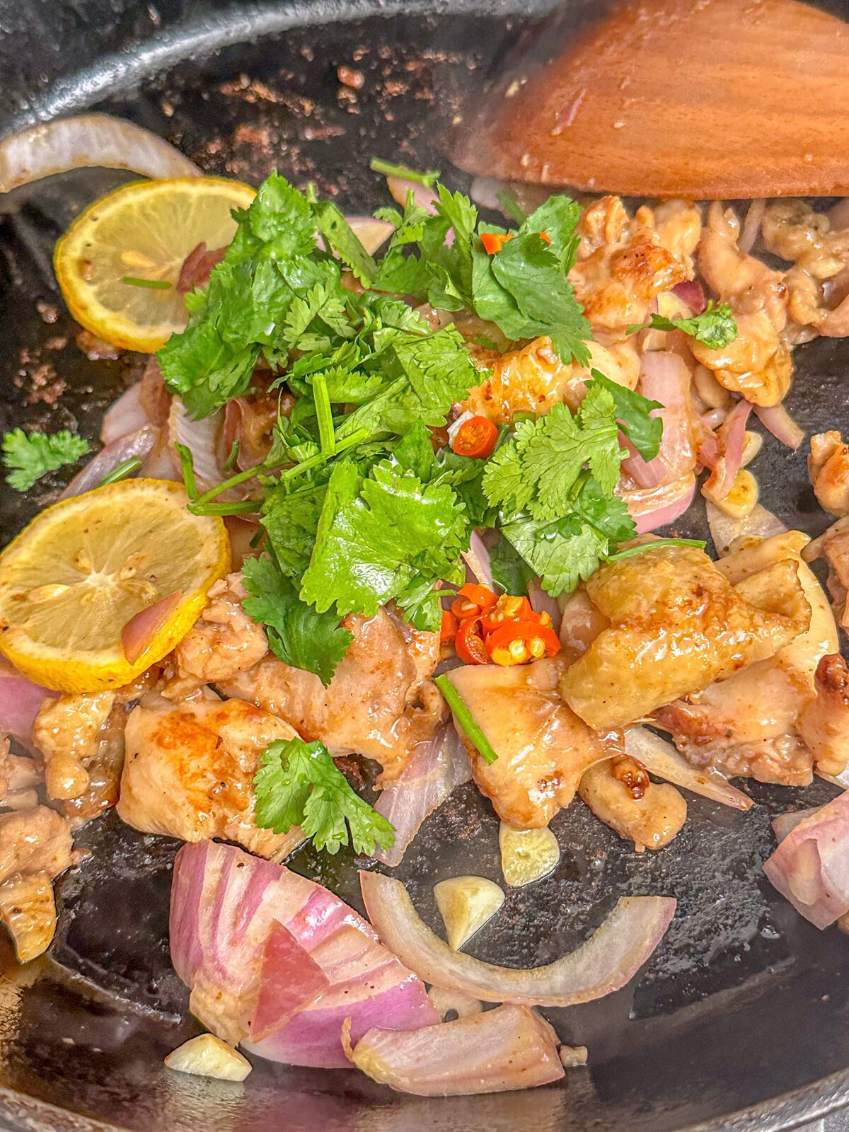 Chicken with chopped onions, garlic, and lemon slices cooking in a pan topped with chopped cilantro and chillies.