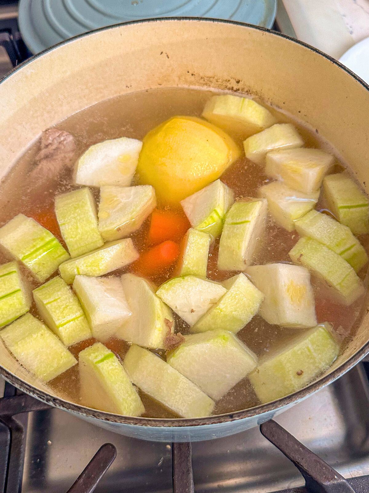 Chopped winter melon, carrots, half a sliced apple, and pork ribs in a large pot of water.