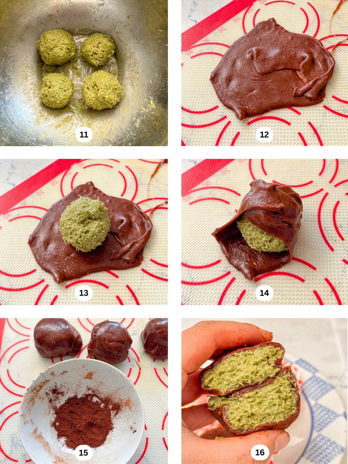 Six-step collage showing the process of making Dubai chewy cookies, from shaping the kataifi pistachio filling into balls, adding cocoa powder, and finishing by cutting them in half.