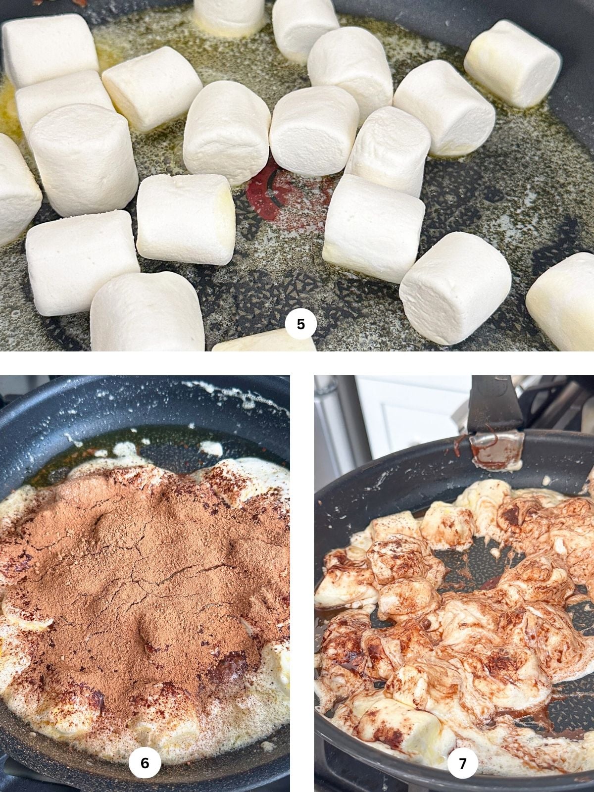Three-step collage: marshmallows in a pan, then with milk and cocoa powder added, and finally melted into a smooth, combined mixture.