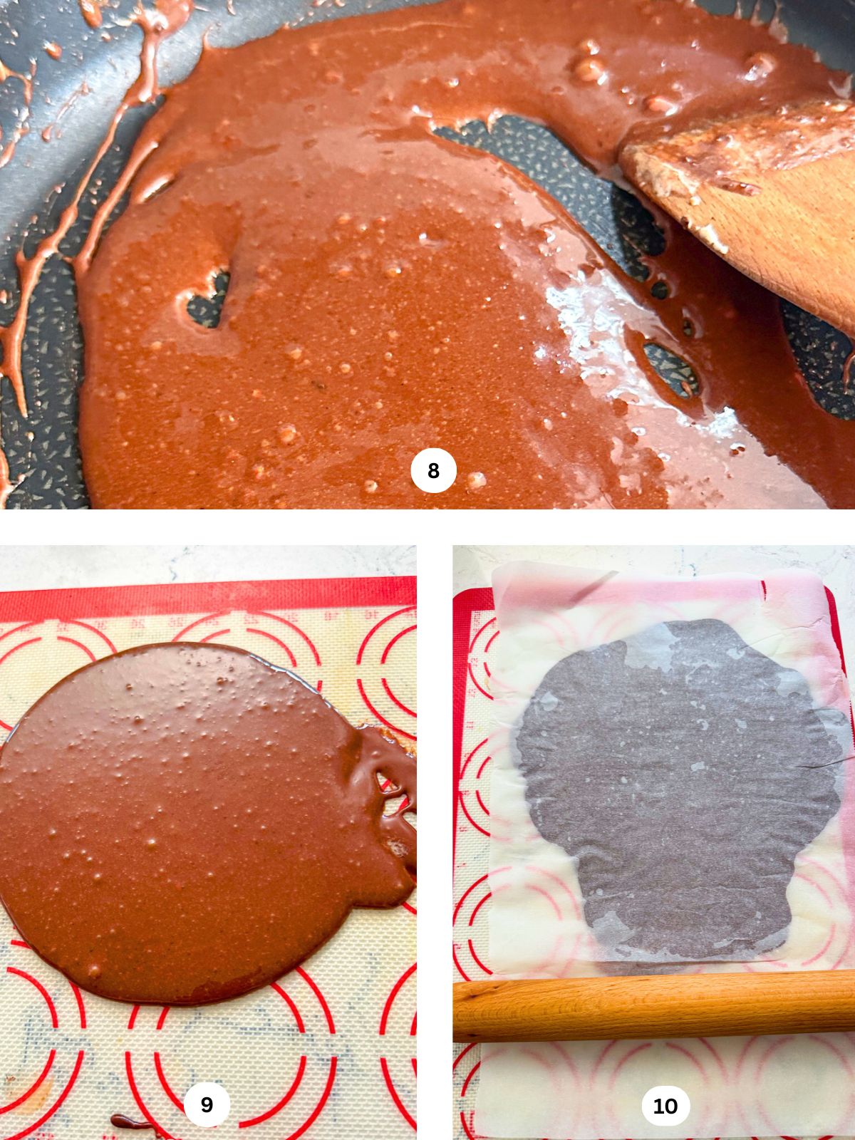 Three-step collage showing chocolate marshmallows being melted and stirred in a pan, then cooled and set on a silicone mat, and finally flattened under parchment paper with a rolling pin beside them.