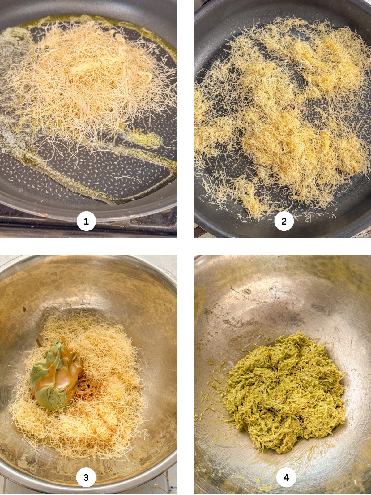 Four-step collage showing the process of making kataifi: first, kataifi with melted butter in a pan; second, kataifi cooking in the pan with butter; third, toasted kataifi in a bowl with pistachio paste and tahini; and finally, kataifi in a bowl mixed with pistachio paste and tahini.
