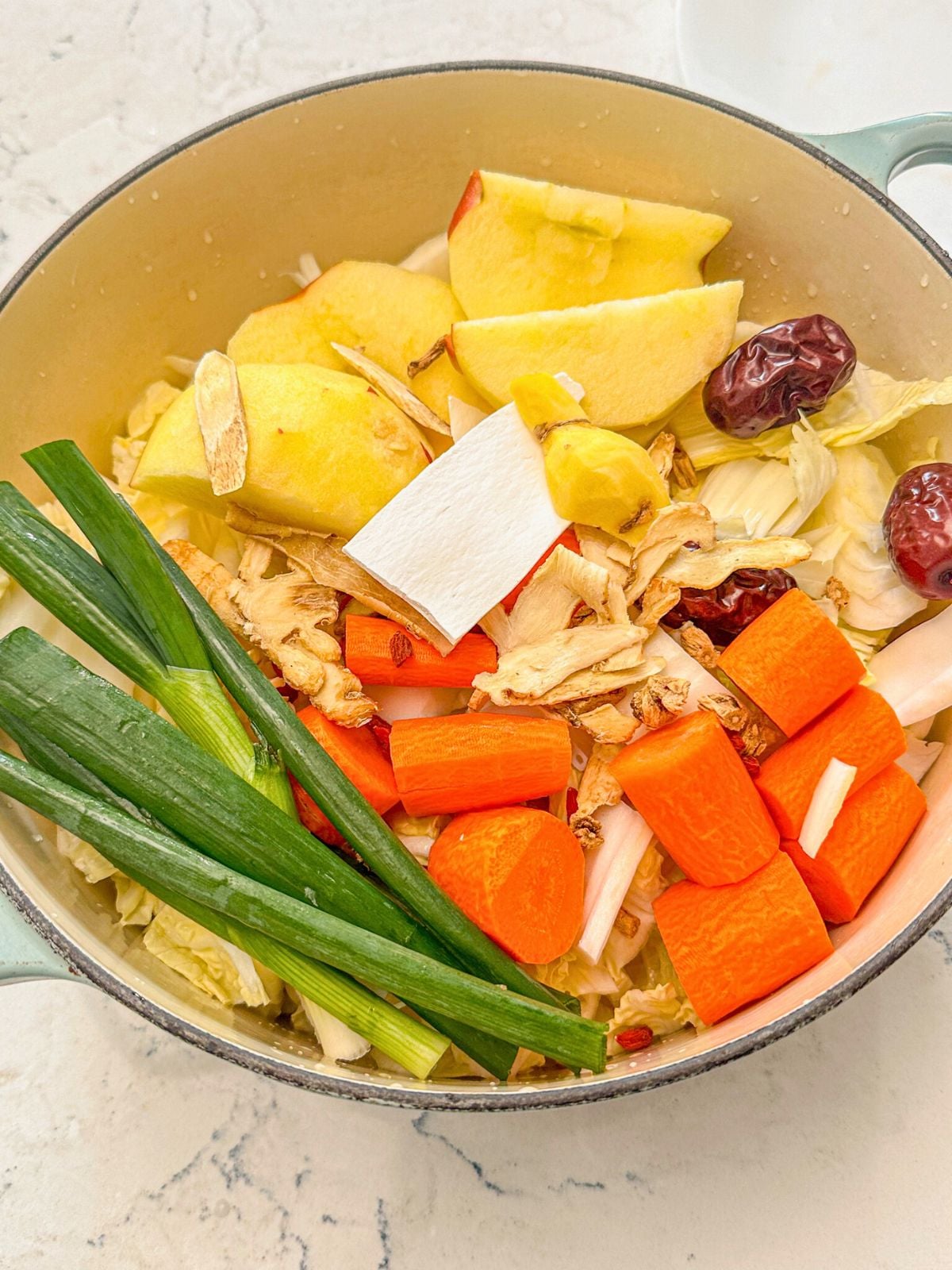 A pot of mixed vegetables like cabbage, carrots, apple, dates or jujube, ginger, green onions, and Chinese herbs.