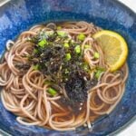 A bowl of cooked soba noodles topped with sliced lemon, green onions, nori and sesame seeds.
