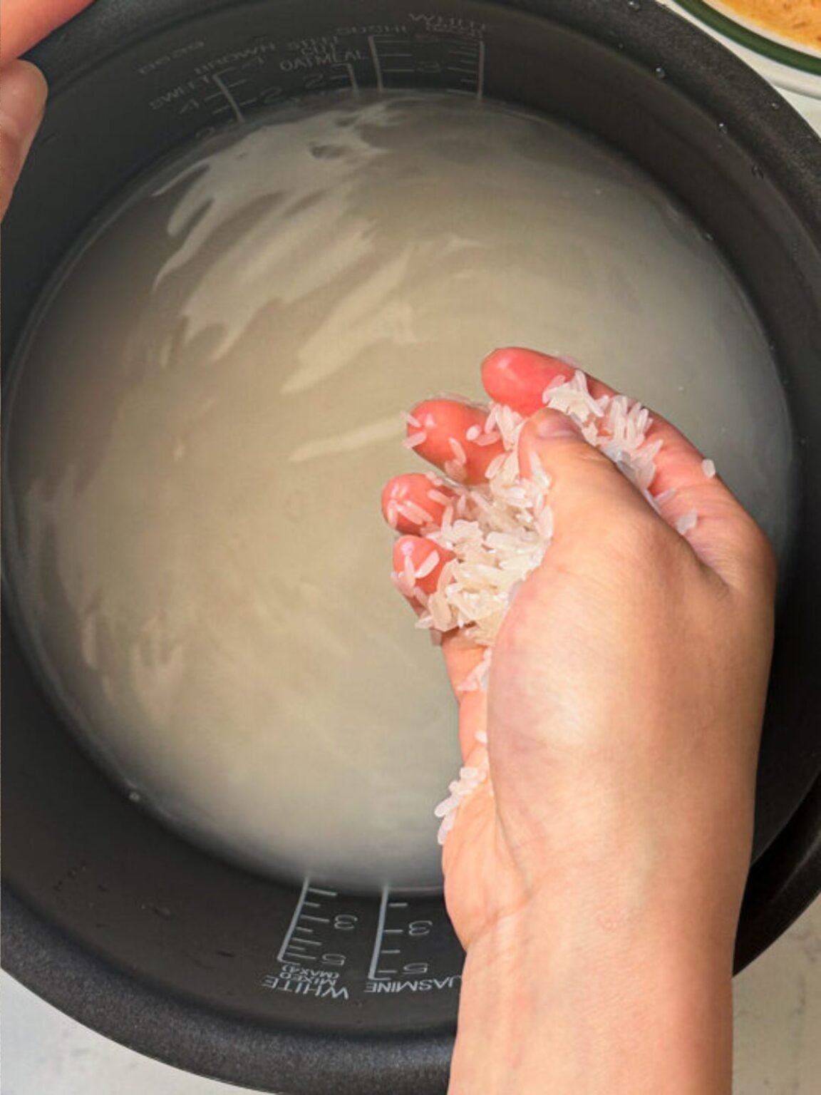 A hand with rice grains next to a pot filled with water.