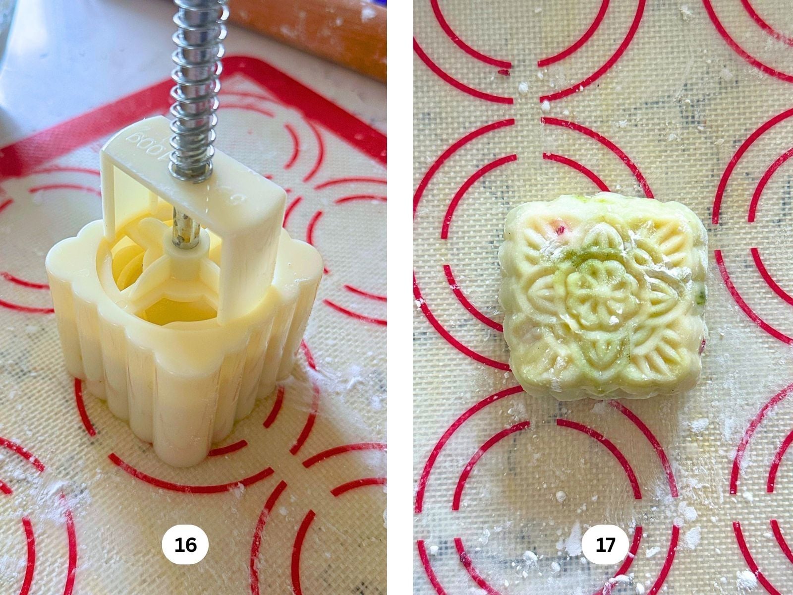 Snow skin dough being pressed with a mooncake mold.