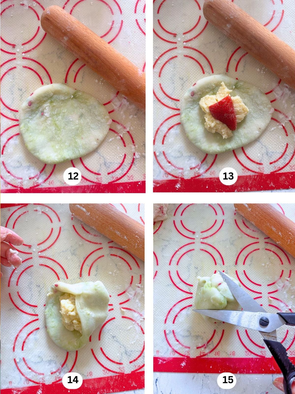 Snow skin dough on a mat with a rolling pin topped with a strawberry piece and custard, then wrapping the mochi together.