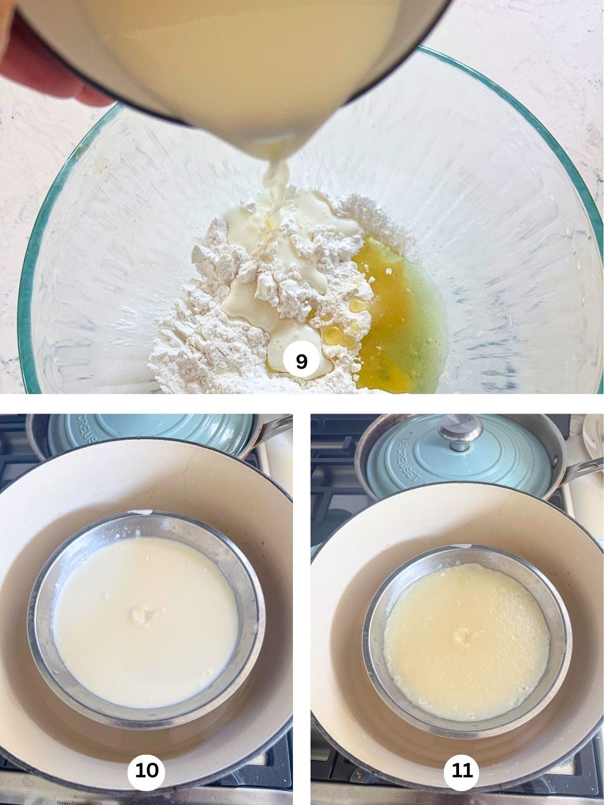 Adding milk to a bowl to glutinous rice flour, then steaming the flour until cooked.