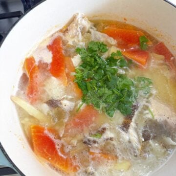 A pot with boiling water, fish bones, sliced ginger and papaya topped with cilantro.