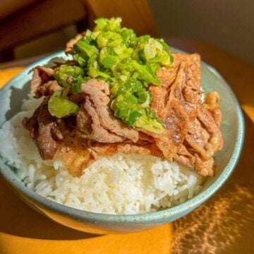 Sliced beef topped with green onion sauce and served over white rice in a bowl.