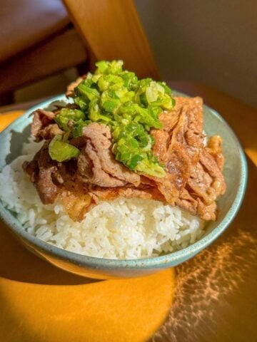 Sliced beef topped with green onion sauce and served over white rice in a bowl.