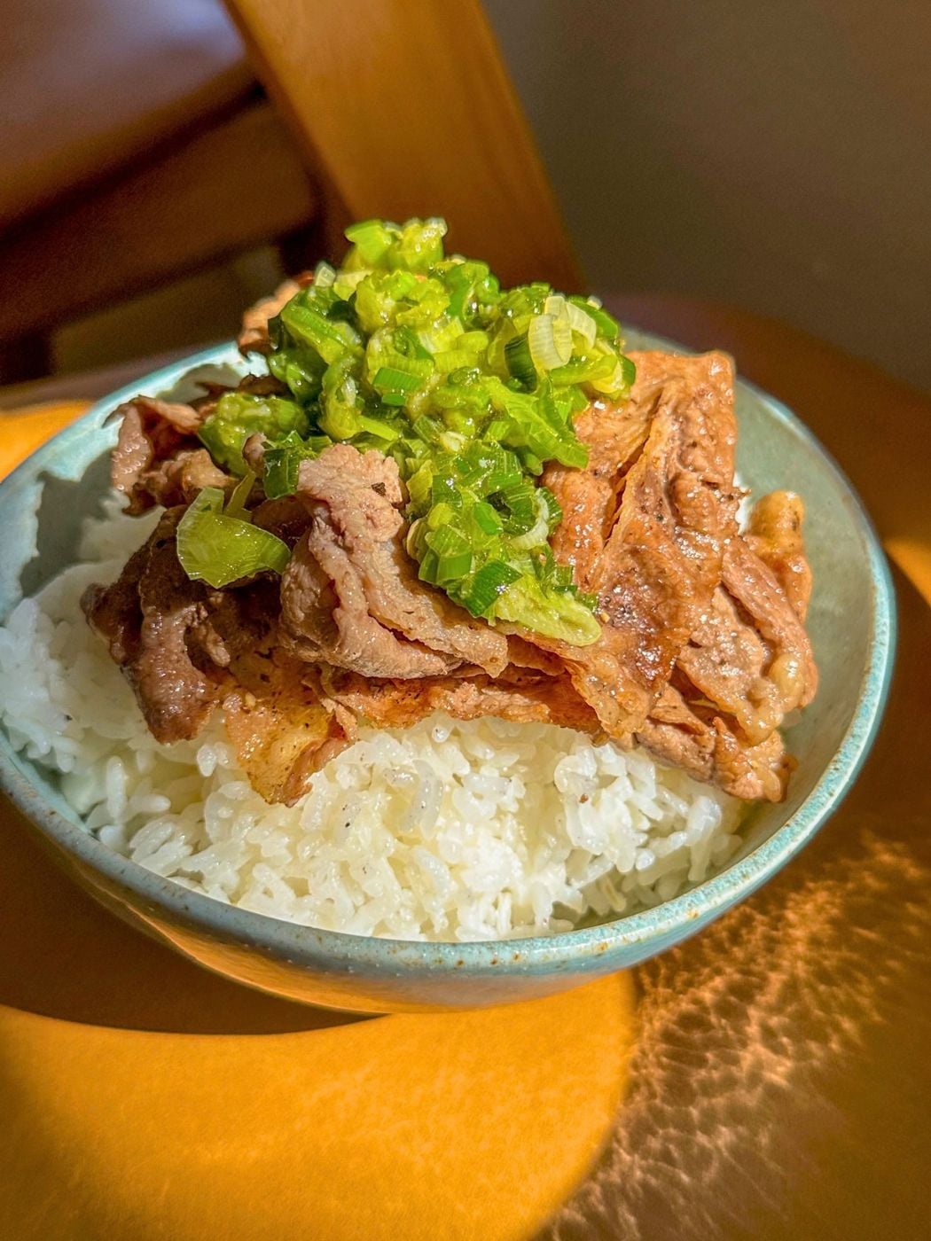 Sliced beef topped with green onion sauce and served over white rice in a bowl.