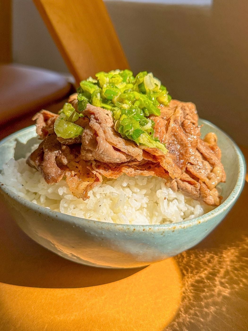 Sliced beef with green onion sauce piled over white rice in a bowl.