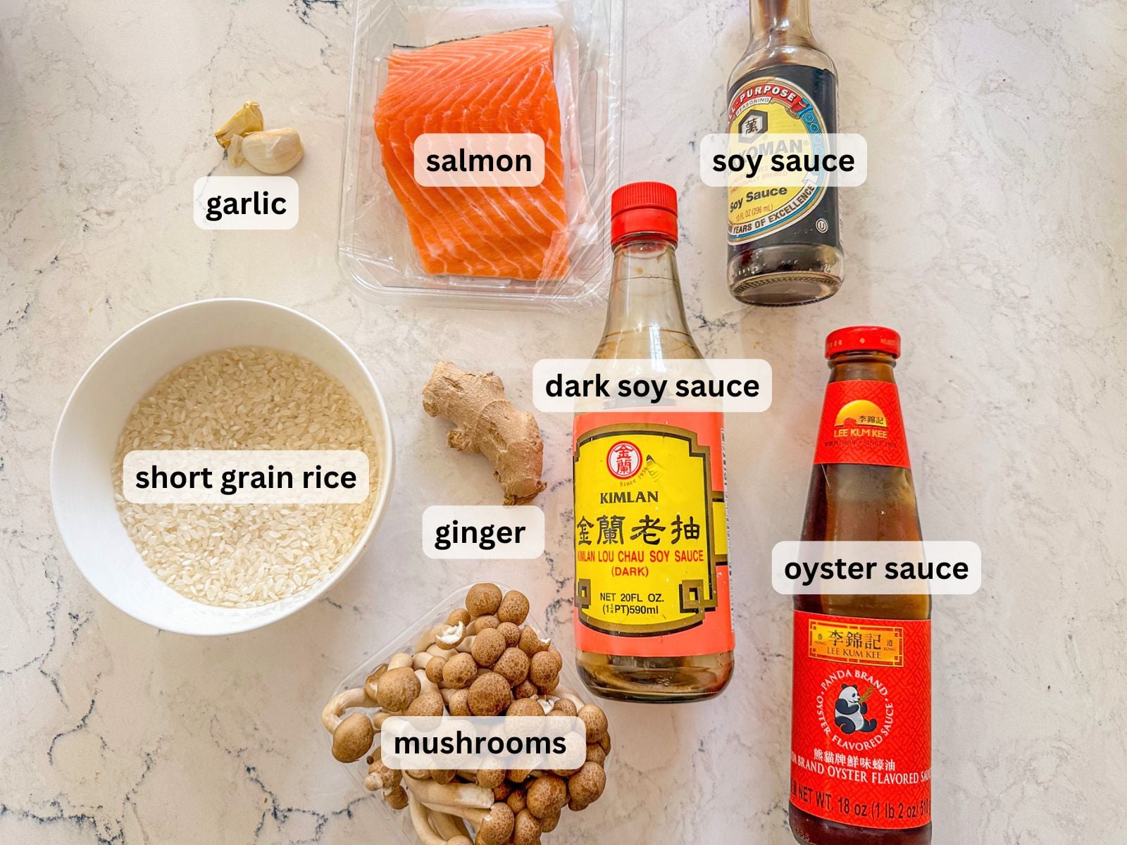 Ingredients for one pot salmon rice laid out on a table countertop.